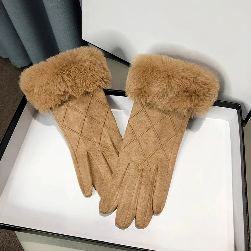 Women Winter Suede Keep Warm Touch Screen Plaid Gloves Fashion Elegant Hairy Wrist Soft Drive Thin Fleece Windproof