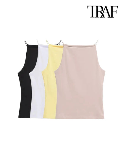 TRAF-Women's Halter Tank Tops, Sleeveless Vest, Thin Straps, Female Camis, Solid Color, Fashion