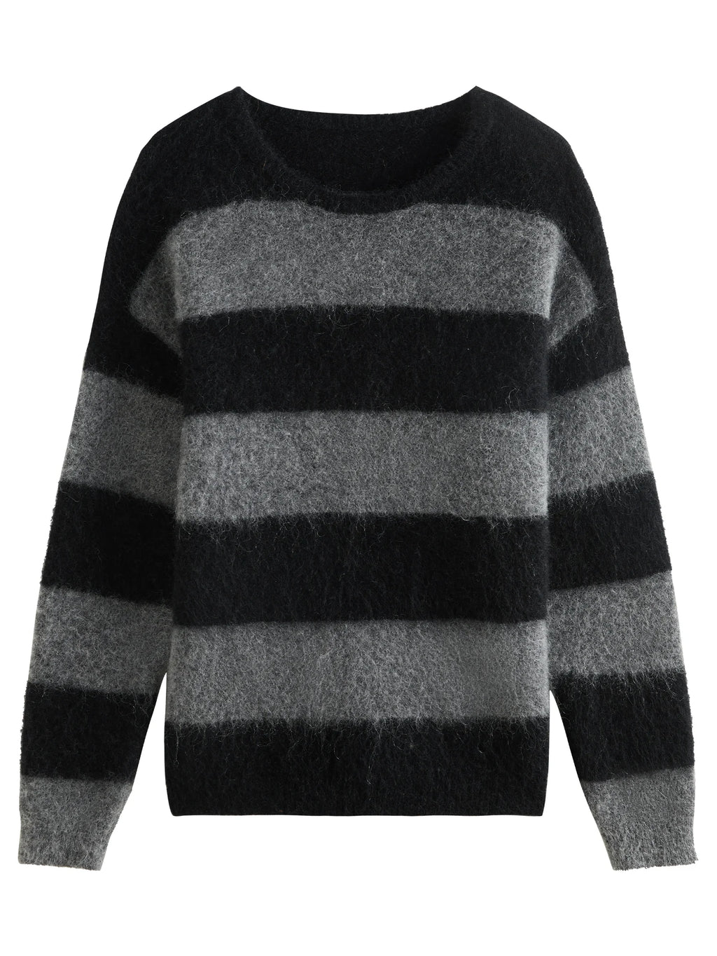 FSLE Office Lady Mohair Retro Striped Knitted Sweater for Women Autumn Winter Black Gray Striped Casual Loose Sweater 24FS14385