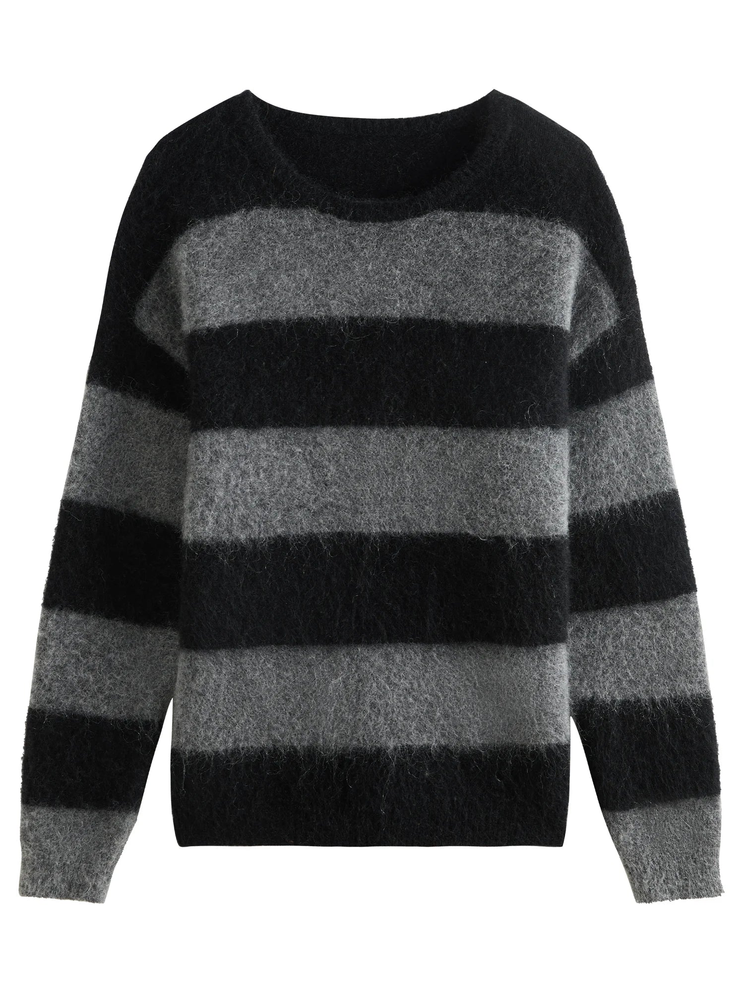 FSLE Office Lady Mohair Retro Striped Knitted Sweater for Women Autumn Winter Black Gray Striped Casual Loose Sweater 24FS14385