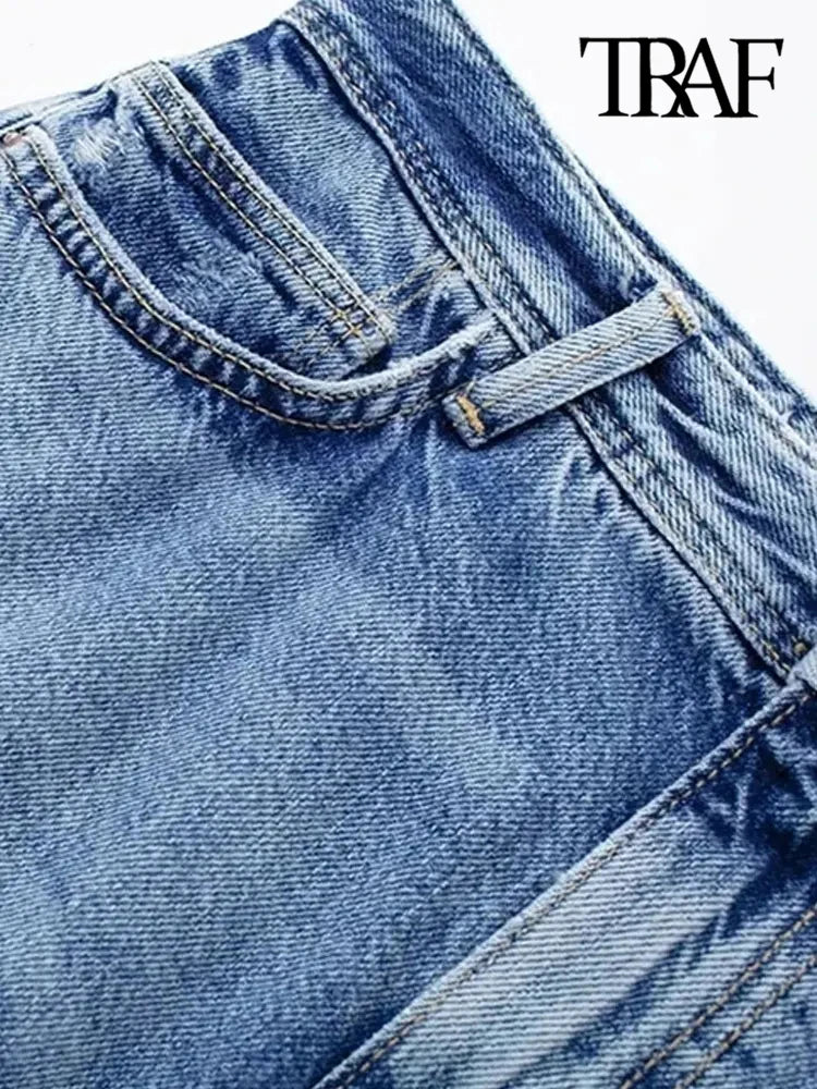 TRAF Women Fashion With Pockets Front Slit Denim Midi Skirt Vintage High Waist Zipper Fly Female Skirts Mujer