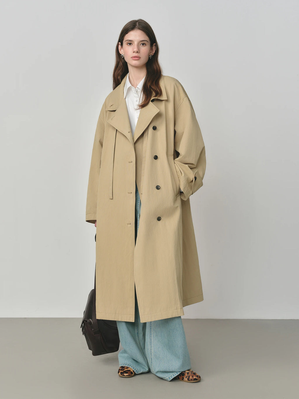 FSLE 2025 New Oversized Turndown Collar Casual Trench for Women 2025 Spring Autumn New Arrival Cotton Coat Long Jacket Khaki