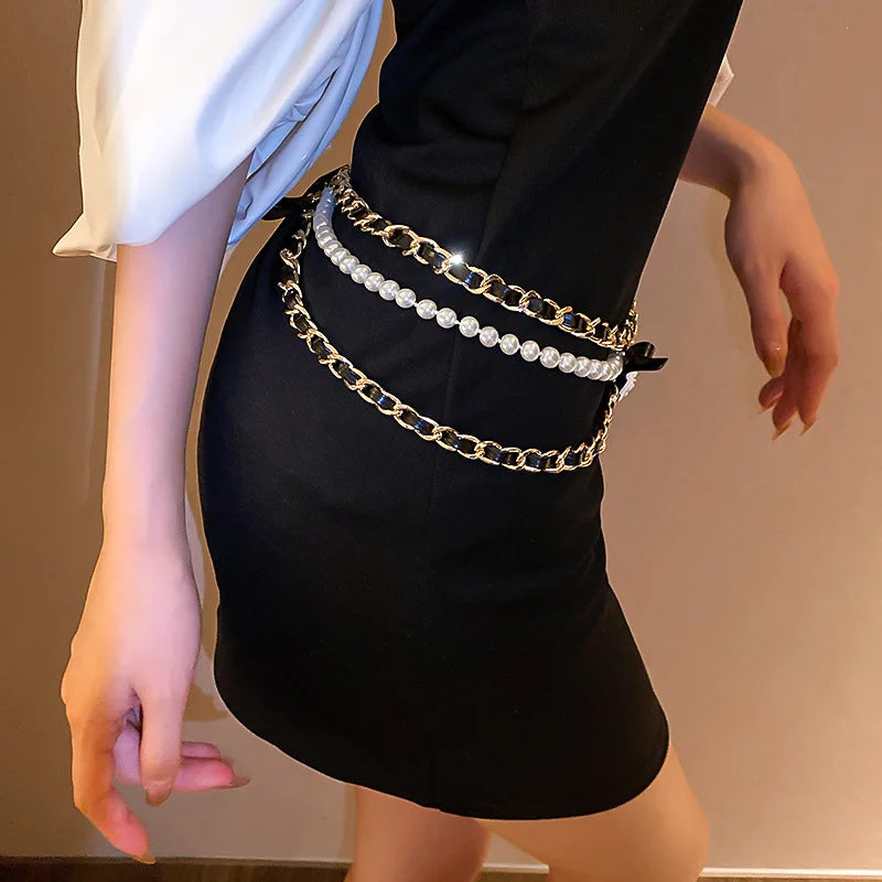 Korea Trendy Waist Chain Camellia Flower Pearl Leather Belts  Accessories for Women Party Jewelry