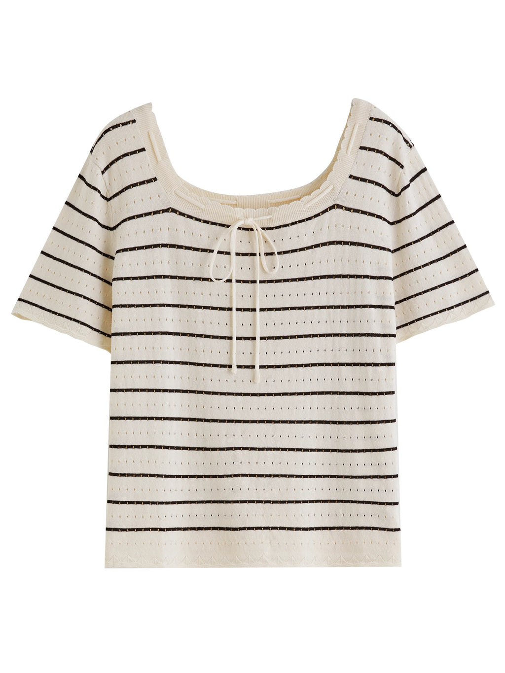DUSHU Plus-Size Women T-Shirt - Elegant Simple Striped Cut-Out Knit 2025 Summer Collection Nautical Style Pullover