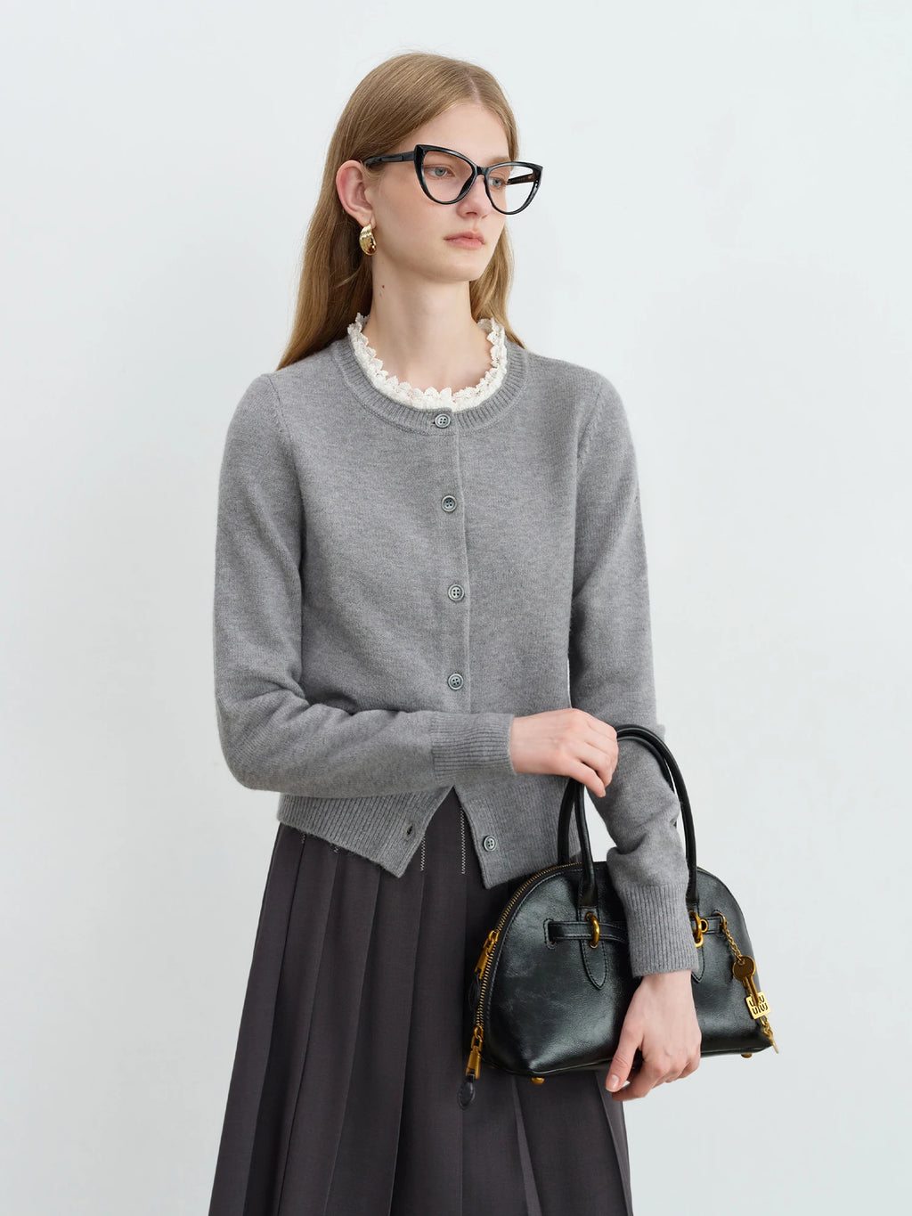 ZIQIAO Autumn 2025 Women's Retro Lace Trim Cardigan - Sweet Style Round Neck Knit Top Vintage Inspired Design Casual Layering