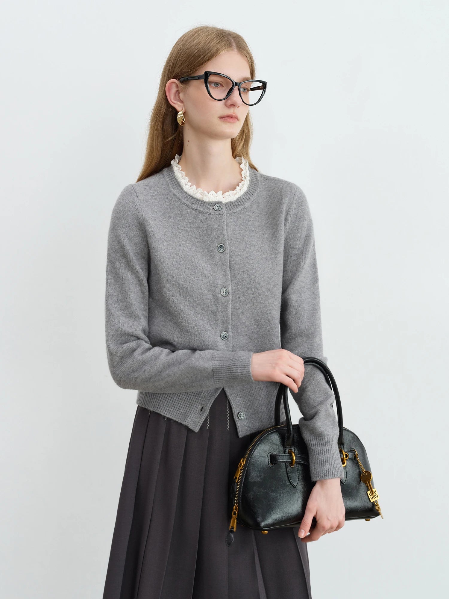 ZIQIAO Autumn 2025 Women's Retro Lace Trim Cardigan - Sweet Style Round Neck Knit Top Vintage Inspired Design Casual Layering