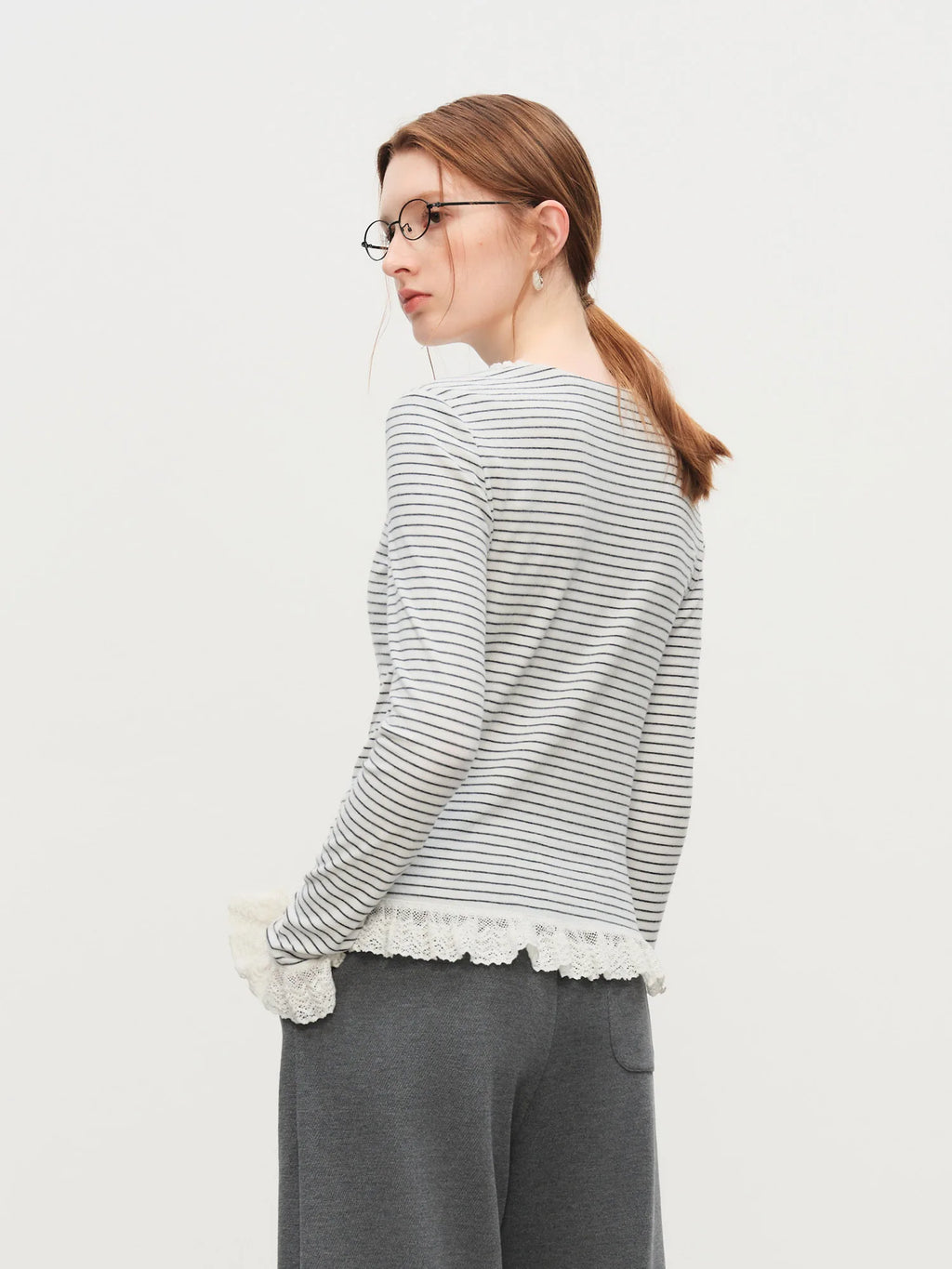 FSLE Autumn Winter 2025 Women's Striped Knit T-Shirt - Long Sleeve Lace Trim Base Layer Top Soft Stretch for Casual Layering