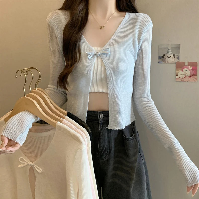 Ice Silk Knitted Buckle Cardigan Women Thin Long Sleeve Outerwear Sun Protection Shawl Sunscreen Air Conditioning Clothes