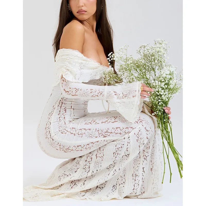 Elegant Off-Shoulder Lace Maxi Dress with Flared Sleeves and High-Low Hem