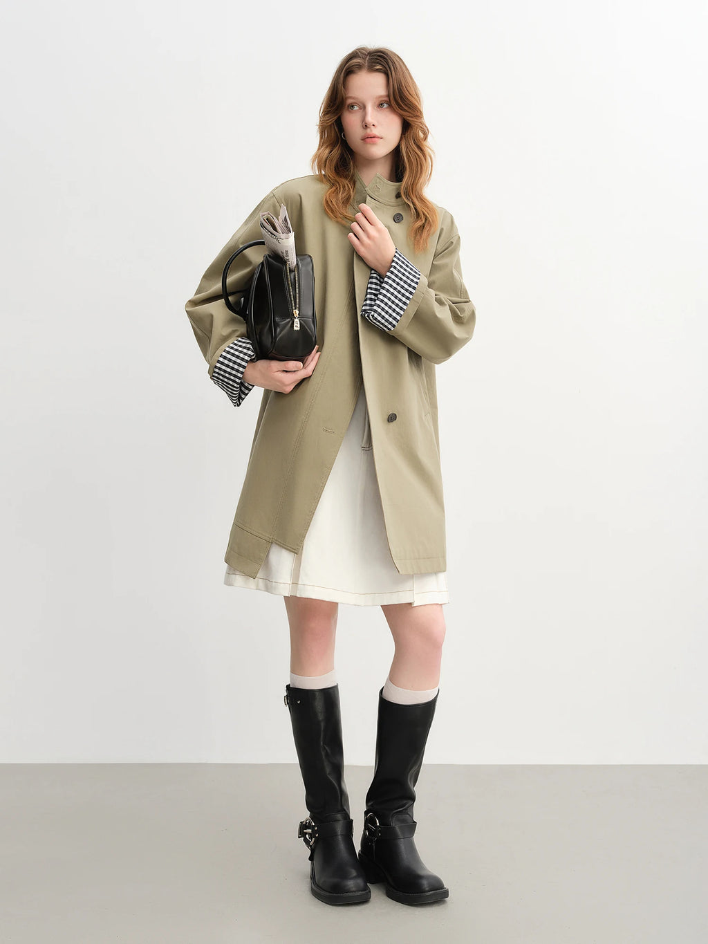 DUSHU Autumn 2025 Women's Stand Collar Trench Coat - Relaxed Fit Plaid Patchwork Loose Outerwear Casual Windbreaker Top