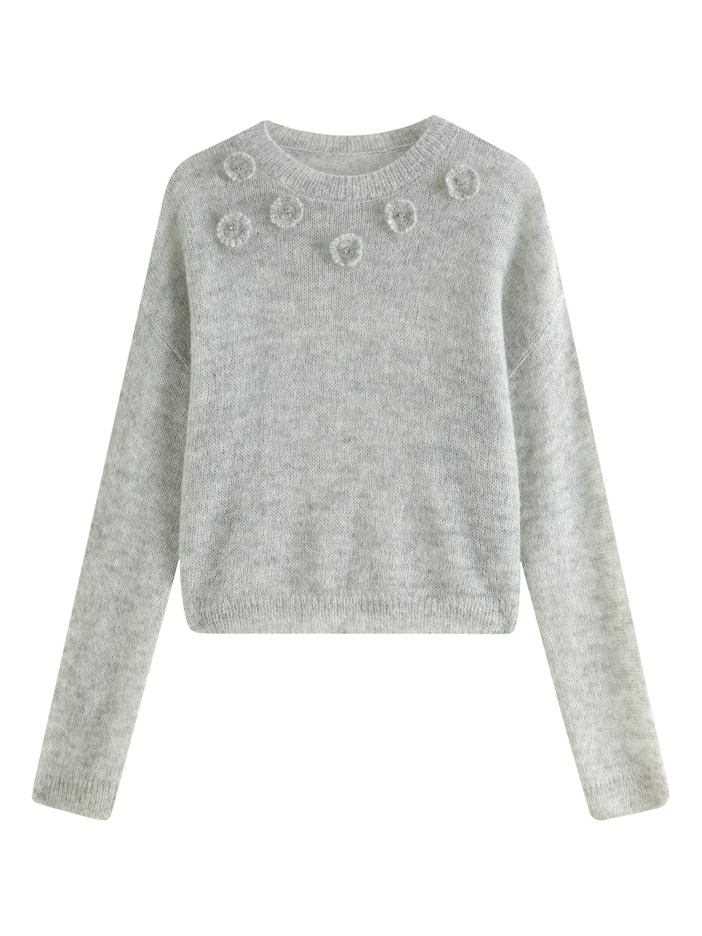 FSLE 32.9% Mohair 26.7% Sheep Wool Flower Round Neck Knit Sweater For Women 2024 Winter New Design Gentle Elegant Top 24FS14262