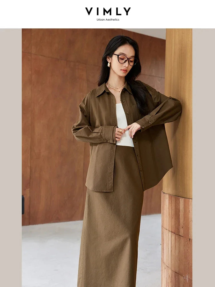 VIMLY 2 Piece Set Women's Office Lady Skirt Set Autumn Button Down Shirt Loose Shirt+Back Hem Slit A-Line Skirts Simple Suit