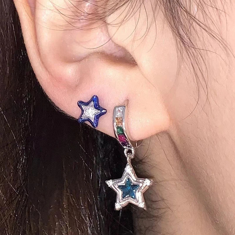 Korean Fashion Blue Crystal Star Hoop Earrings Punk Aesthetic DIY Mini Cute Earrings for Women Y2K Accessory Egirl Jewellery