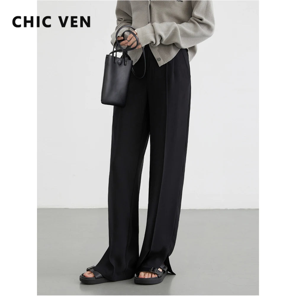 CHIC VEN Women Pants Black Loose Solid High Waist Split Female Trousers Straight Woman Wide Leg Pants Spring Summer 2024