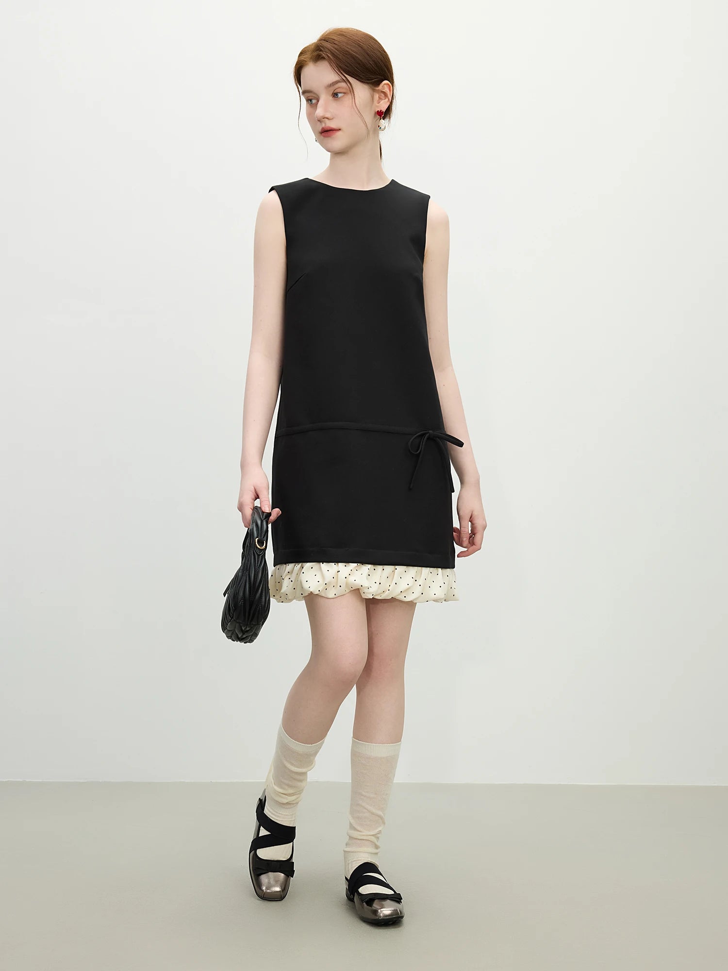 FSLE French Elegant Retro Contrast Dress Women Summer 2025 New Arrival Polka Dot Bow A-line Straight Chic Dress