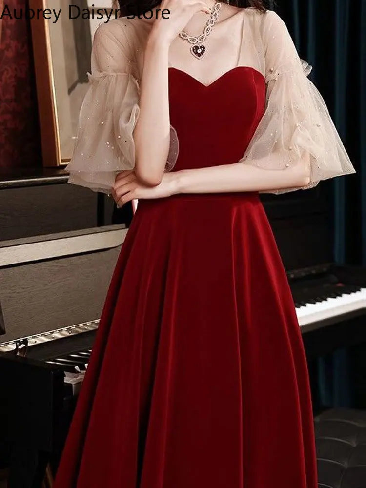 Fairy Red Midi Dress Women Elegant Vintage Chic Design Formal Occasion Dresses Summer Casual Evening Wedding Party Dress New In