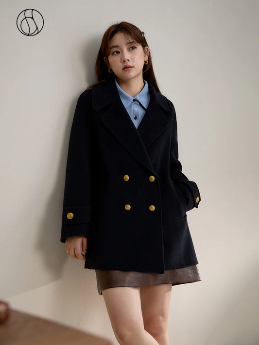 DUSHU Retro British Style One-hand Length Double-sided Woolen Coat for Women 2023 Winter New Solid Color 100% Wool Coats Female