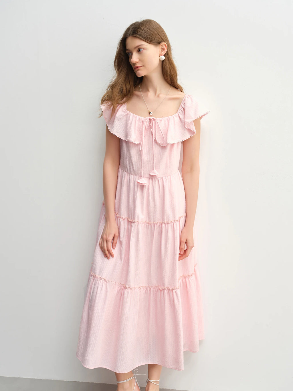 DUSHU Plus Size Ruffled Cake Shape Pink White Dress For Women 2025 Summer New Arrival Elegant French Style Long Dress