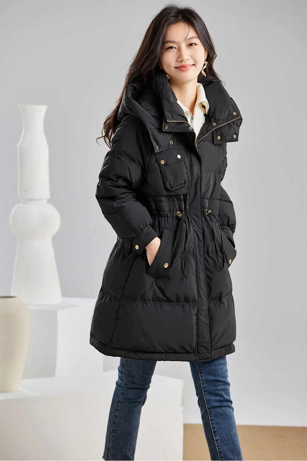 VIMLY Women's Solid Simple Hooded Zipper Duck Down Jackets Winter Stand Collar Thick Warm Long Sleeve Coat Commuter Outerwear