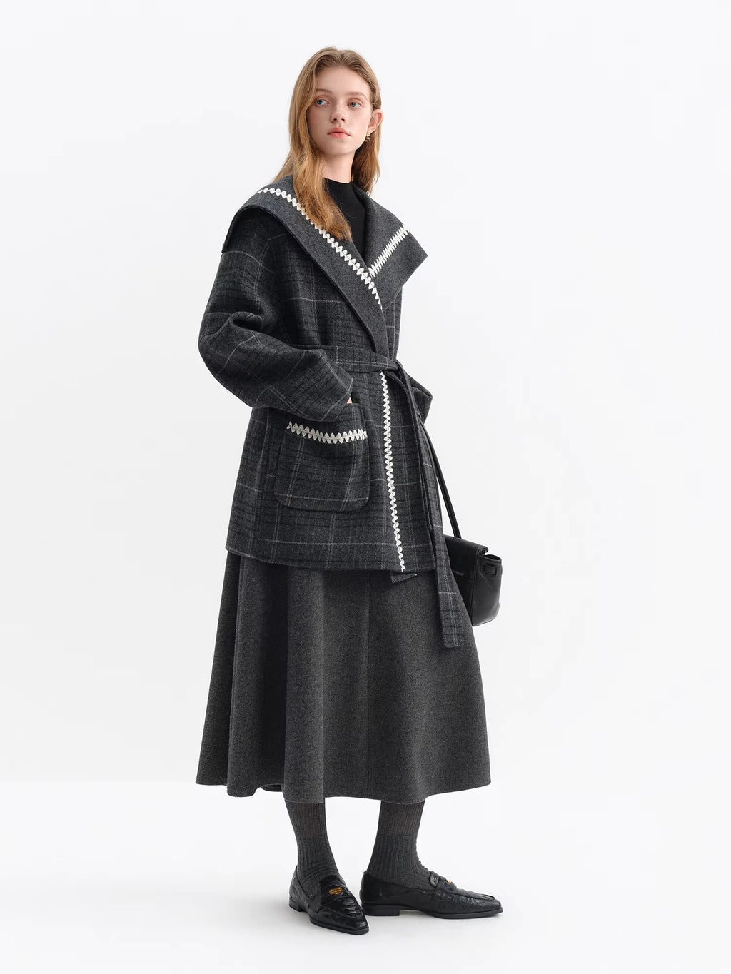 2025 Winter Women's Reversible Tartan Pattern Wool Blend Coat with Embroidery - Bohemian Style Two-Way Wear Long Overcoat