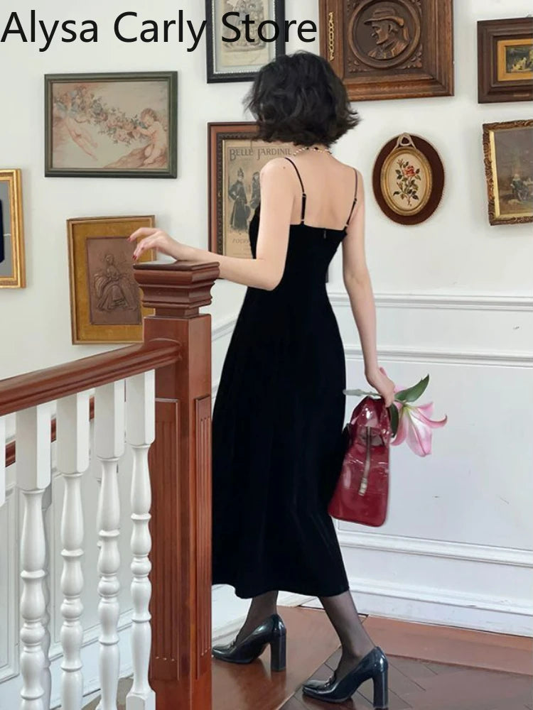 2022 Summer French Vintage Strap Dress Women Red Elegent Korean Party Midi Dress Female Sexy Backless Evening Beach Fairy Dress
