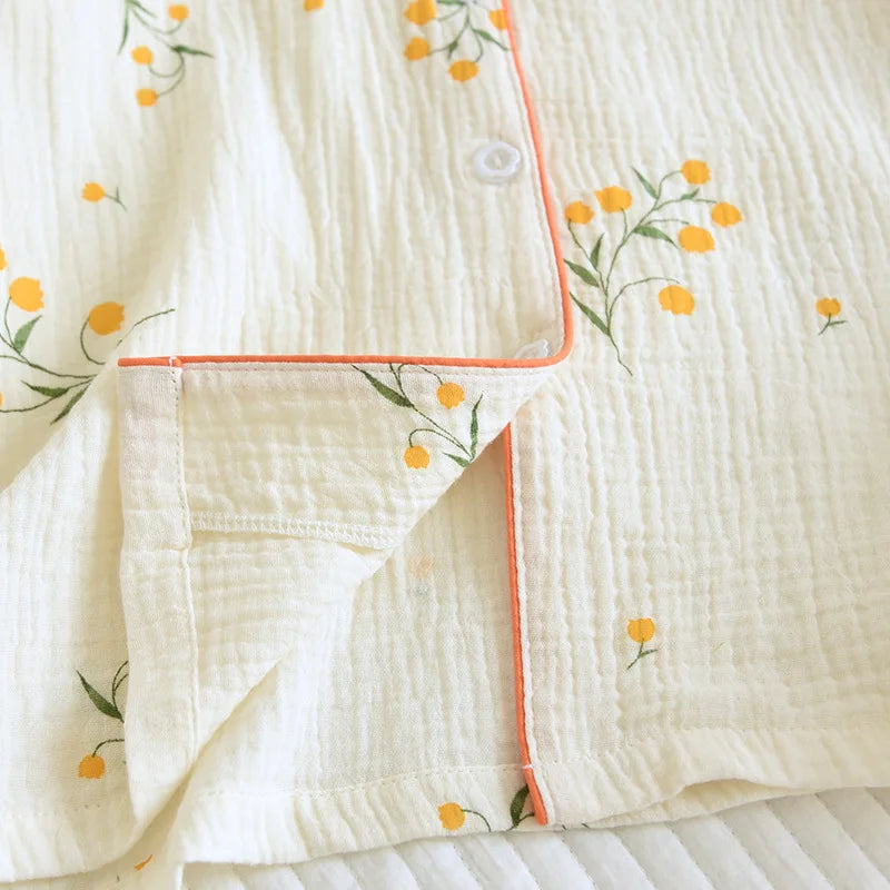 New summer women's cotton crepe three-piece short sleeve + shorts + trousers large size simple flower pajamas home service suit