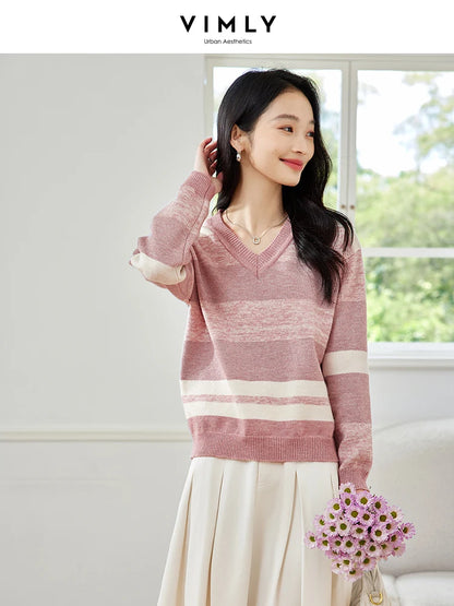 VIMLY Women's Fashion Casual Color Stripe Clash Sweater Autumn Pullover V-neck Long Sleeve Office Lady Simple Loose Slim KnitTop