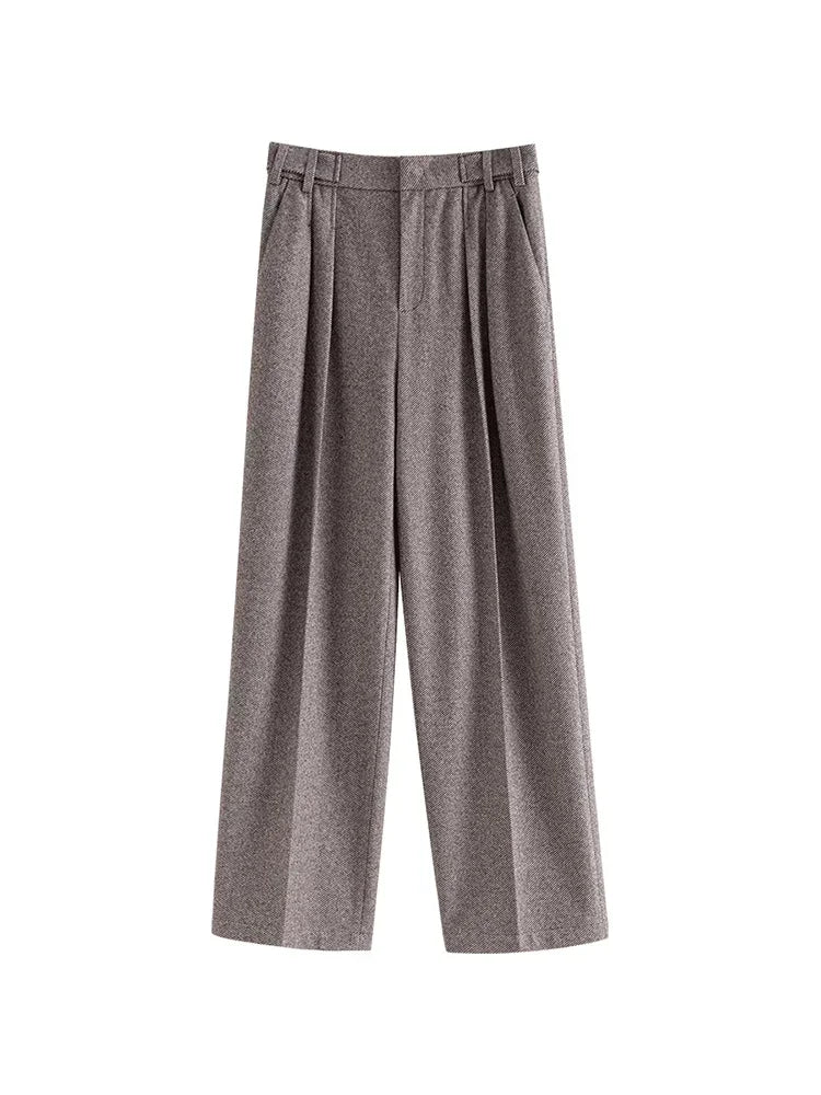 ZIQIAO Commuter Style High-waist Slim Casual Pants for Women 2023 Winter Straight Wide-leg Pants Floor-length Trousers Female
