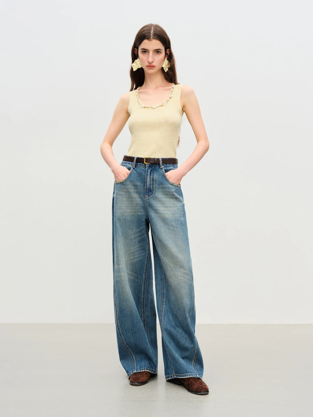 FSLE【Premium Series】New Women Retro Loose Flare Jeans High Waist Vintage Denim Pants Autumn Wide Leg Y2K Streetwear With Belt