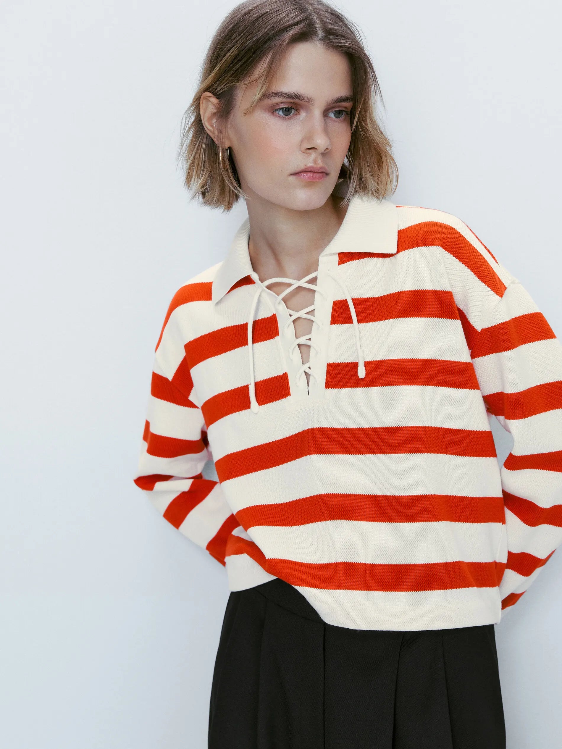 Ethereal MD 2024  new style of Women's casual Slim temperament lace-up design all matching Polo stripe knitwear