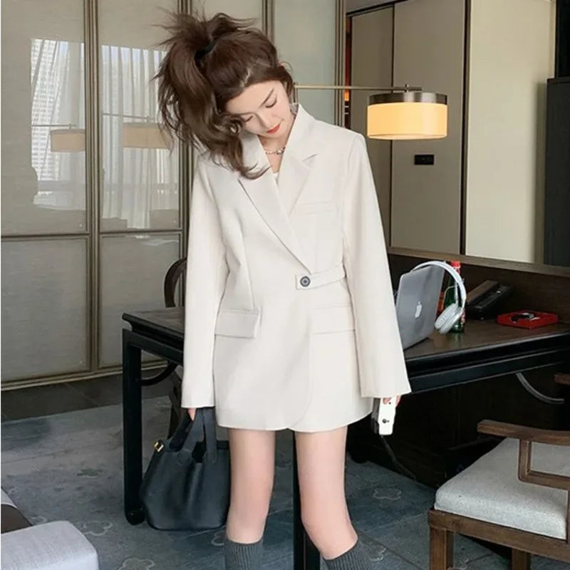 Fashion Women's Blazer Jacket Beige Design Sense Back Split Outerwear Spring 2024 New Korean Loose Long Sleeve Suit Coat Female