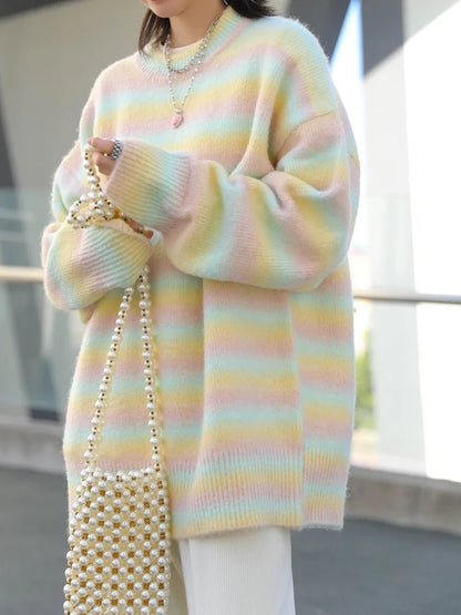 CHIC VEN Fashion Women Sweater Casual Loose Gradient Stripe Pullover Knitwears Female Jumpers Woman Tops Autumn Winter 2023