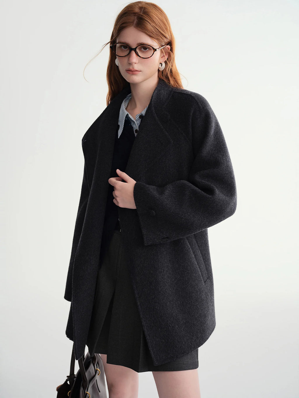 Winter 2025 Women's Short Alpaca Blend Coat - Double Faced Wool Blend Tweed Jacket with Stand Collar Casual Elegance