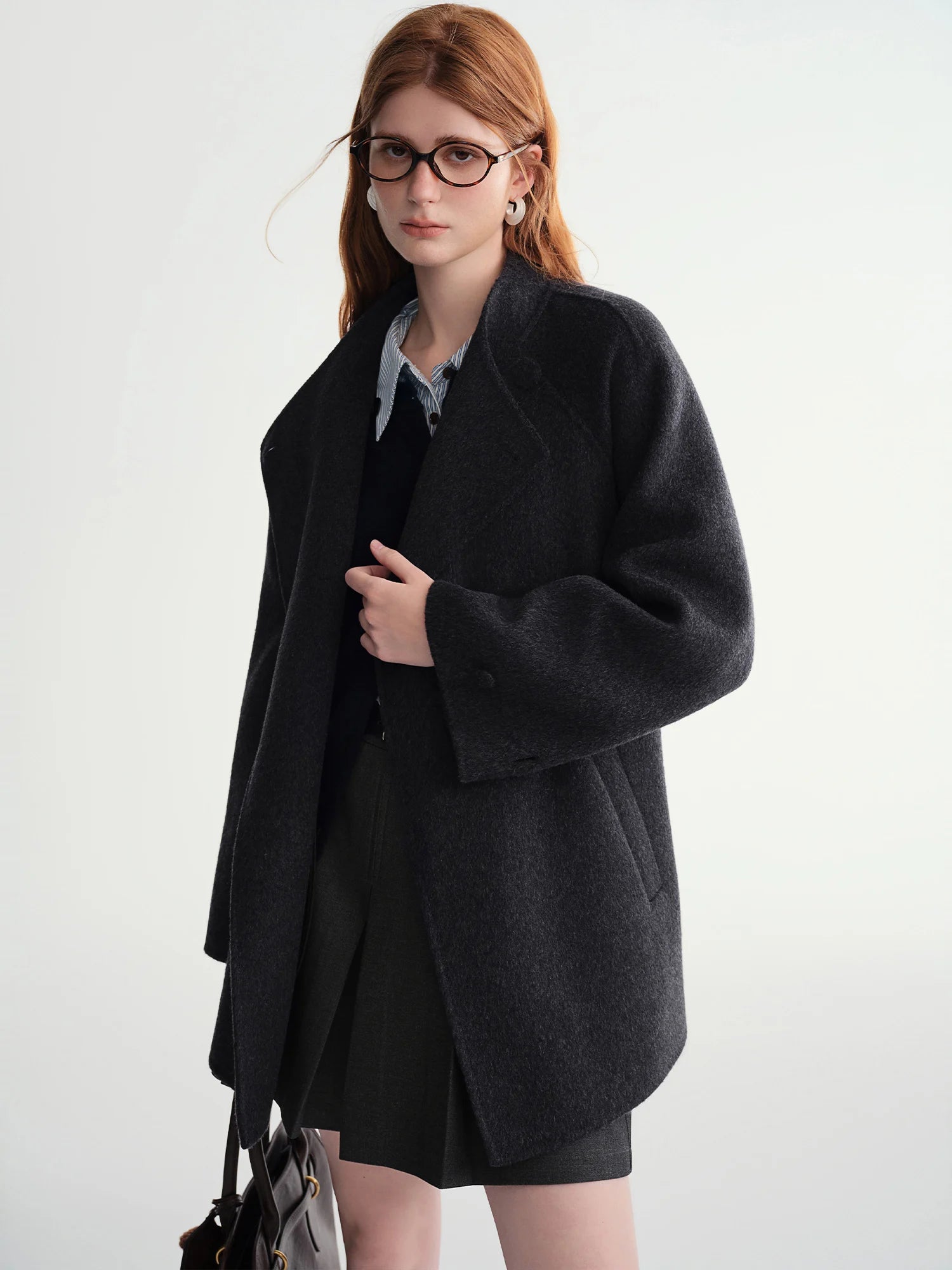 Winter 2025 Women's Short Alpaca Blend Coat - Double Faced Wool Blend Tweed Jacket with Stand Collar Casual Elegance