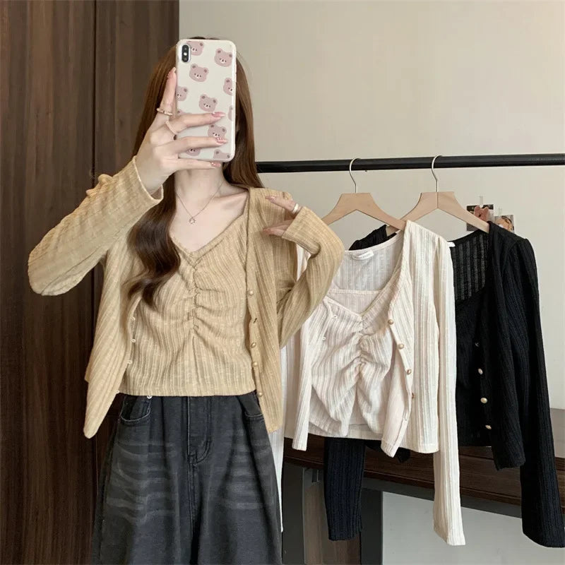 Kpop 2024 Autumn New Knit Fashion Long Sleeve Top Set Sweet Sensation Korean Style Cardigantank2-piece Set Elegant Chic