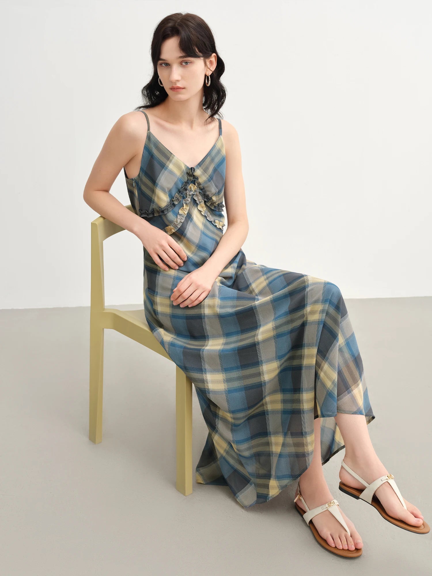 DUSHU 2025 Summer Women's Floral Checkered Maxi Dress - Curve-Flattering Ruffle Trim & A-Line Silhouette for Elegant Occasions