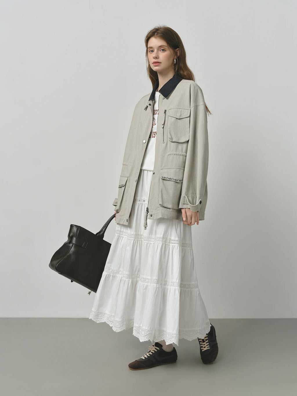 FSLE 2025 Women's Vintage Utility Jacket - Short Cropped Contrast Collar Autumn Casual Coat with Retro Design & Relaxed Fit
