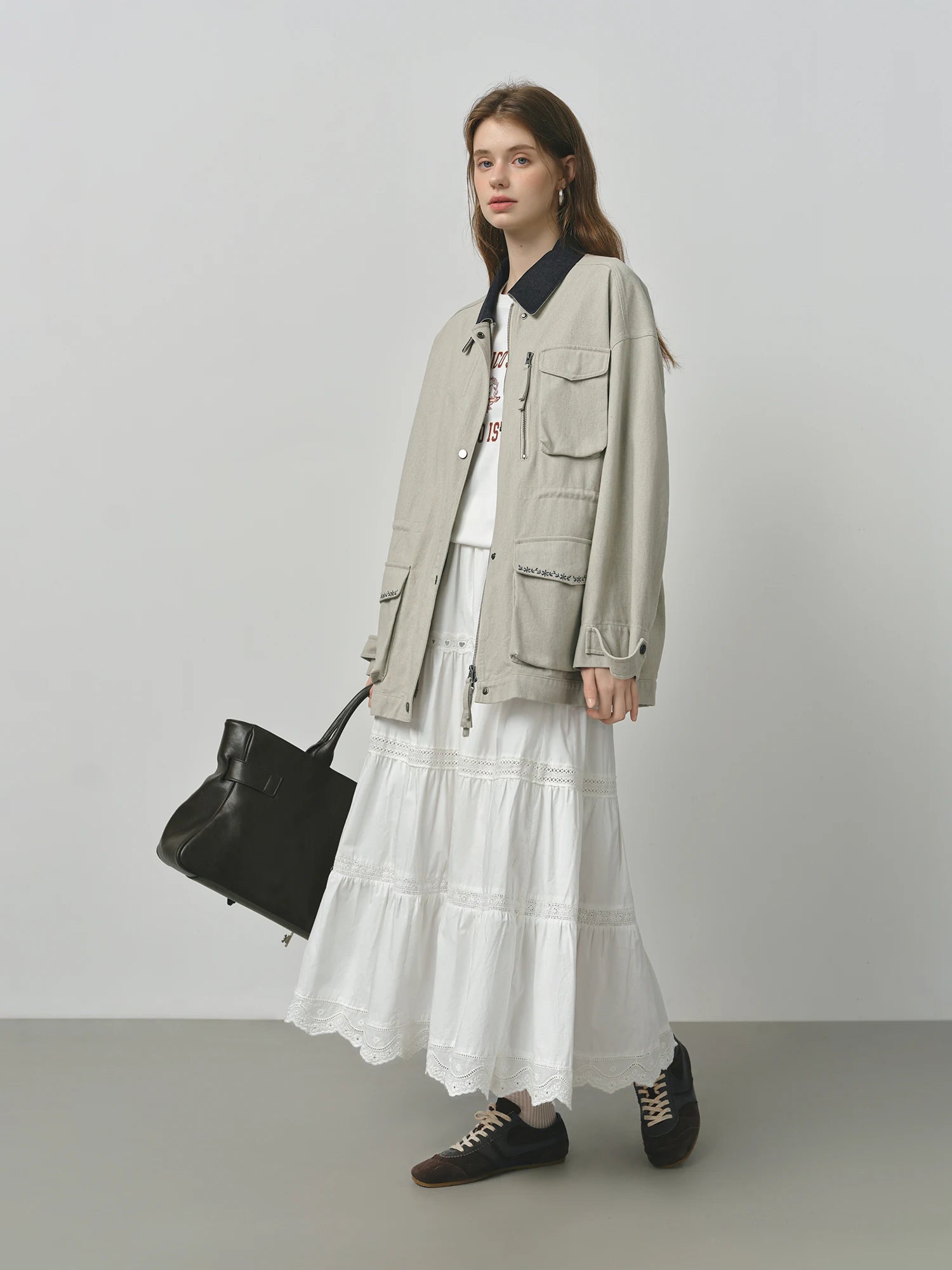 FSLE 2025 Women's Vintage Utility Jacket - Short Cropped Contrast Collar Autumn Casual Coat with Retro Design & Relaxed Fit