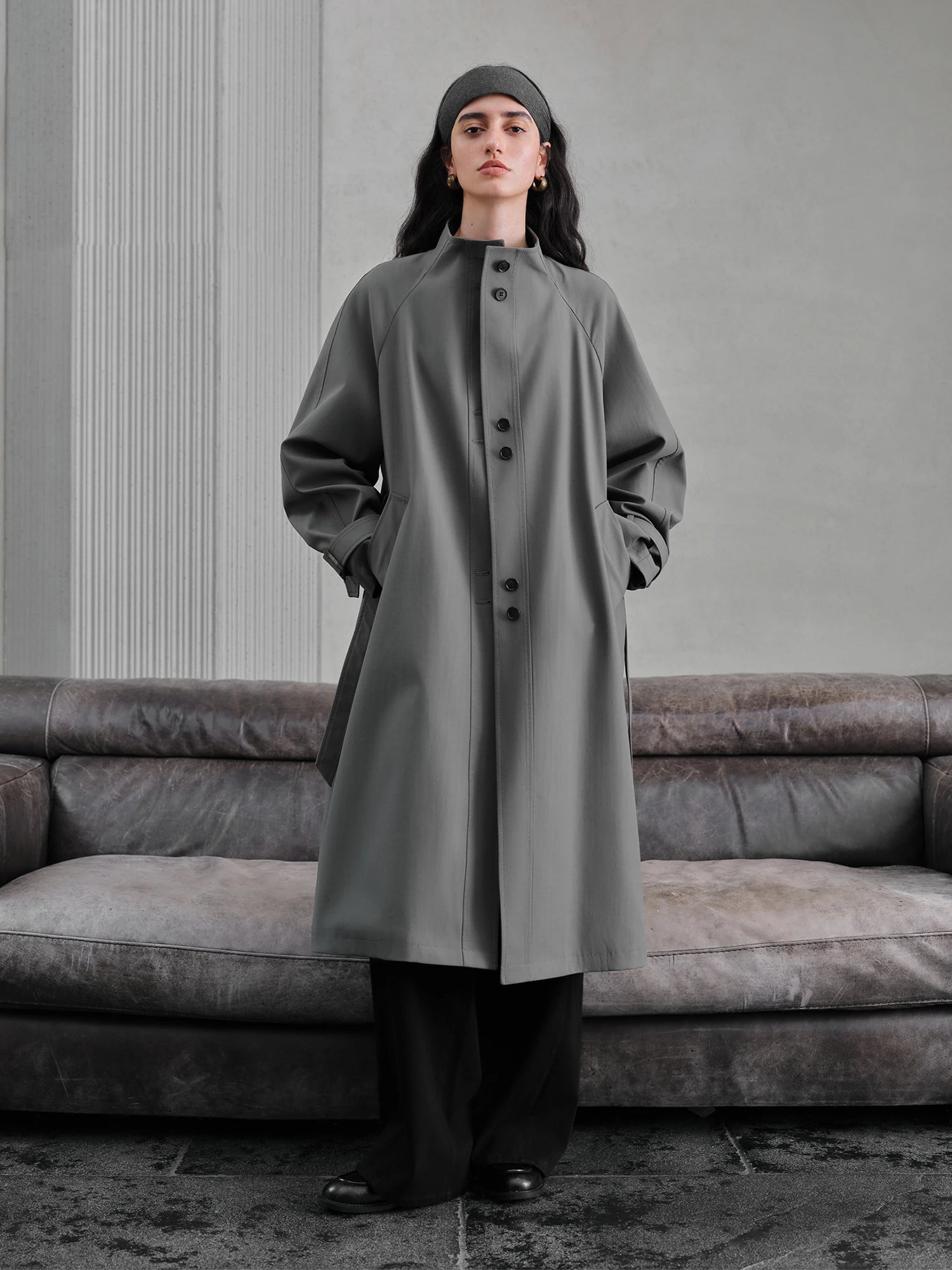 ZIQIAO Retro Style Stand Collar Mid-length Trench Long Jacket For Women 2025 New Arrival Short Khaki Coat