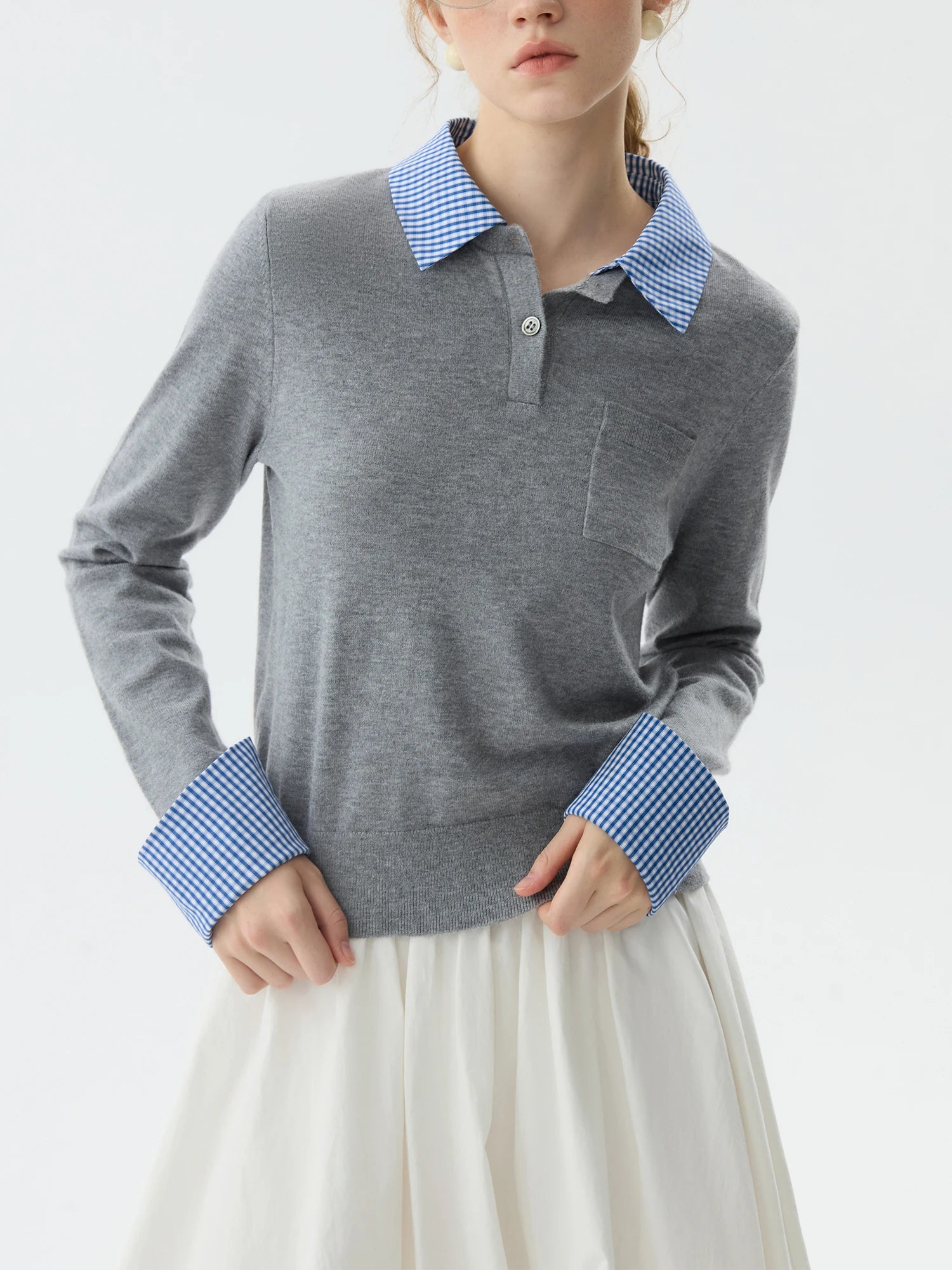 FSLE Women Fake Two Design Sweaters Patchwork Polo Neck Female Navy Blue Short Pullover Sweater Grey Casual Knit Top 24FS14729