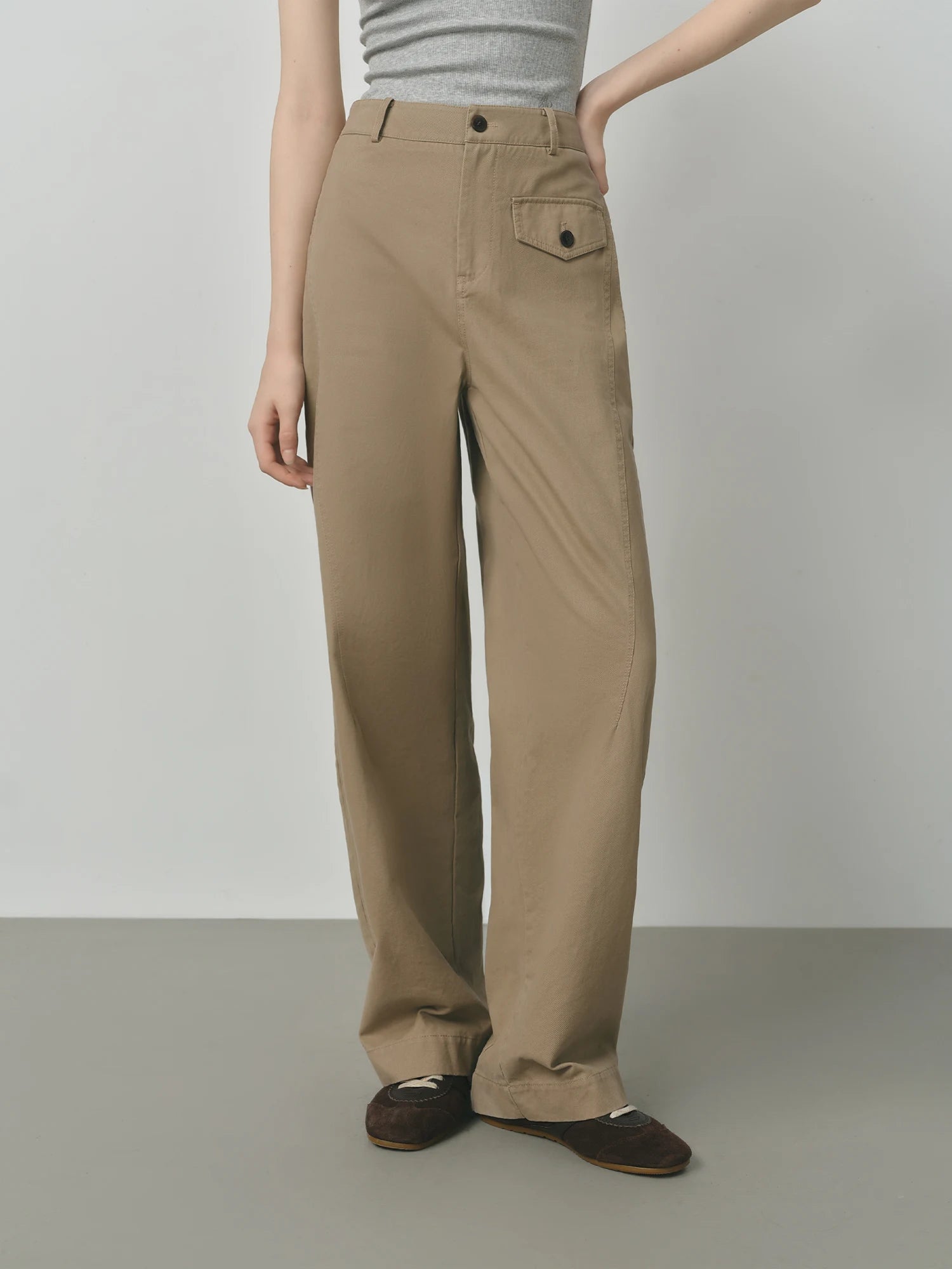 FSLE 2025 Women's Khaki Pants - Straight Leg Cotton Trousers Autumn Relaxed Fit Casual Vintage Style with Retro Design