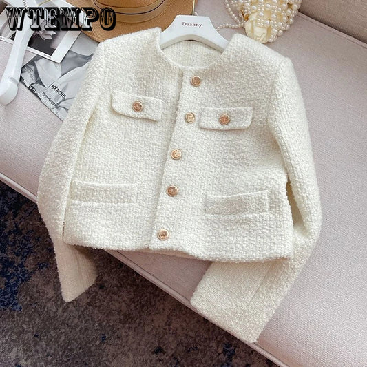 WTEMPO Korean Chic Female Tweed Basic Button Up Jacket Coat Women Autumn Winter Clothing Runway Style Woolen Outerwear