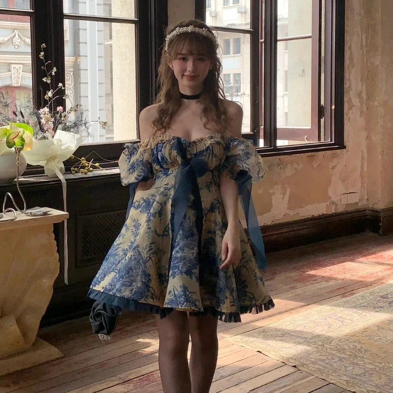 Korean Style Elegant Fairy Mini Dress Vintage Sweet Women Puff Sleeves Bow High Waist Slim Dresses Sexy Off Shoulder Party Dress