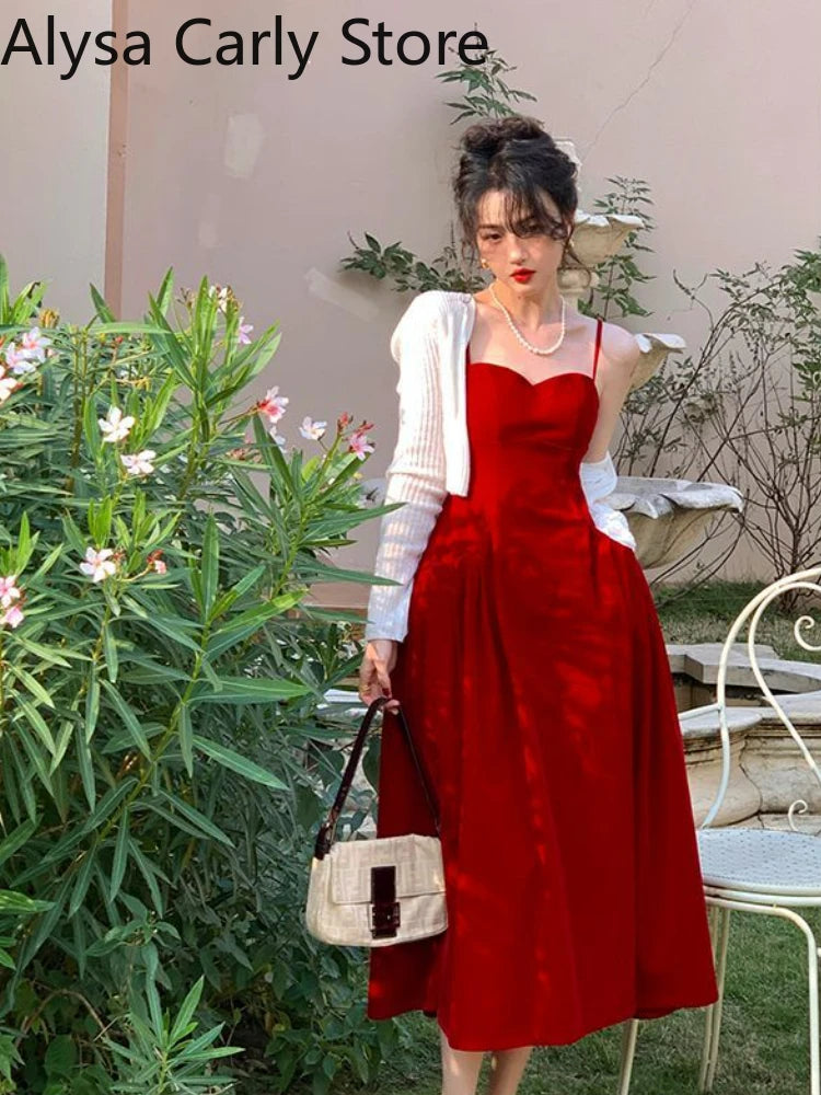 2022 Summer French Vintage Strap Dress Women Red Elegent Korean Party Midi Dress Female Sexy Backless Evening Beach Fairy Dress