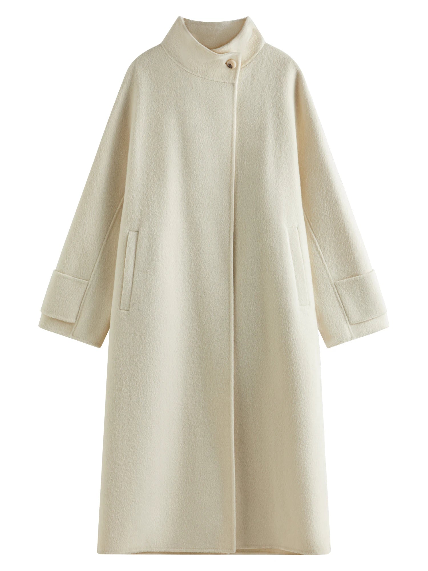 FSLE 88.9% Wool High Collar Alpaca Wool Elegant White Versatile Coat 2024 Winter New Double-sided Tweed Long Jacket 24FS14437