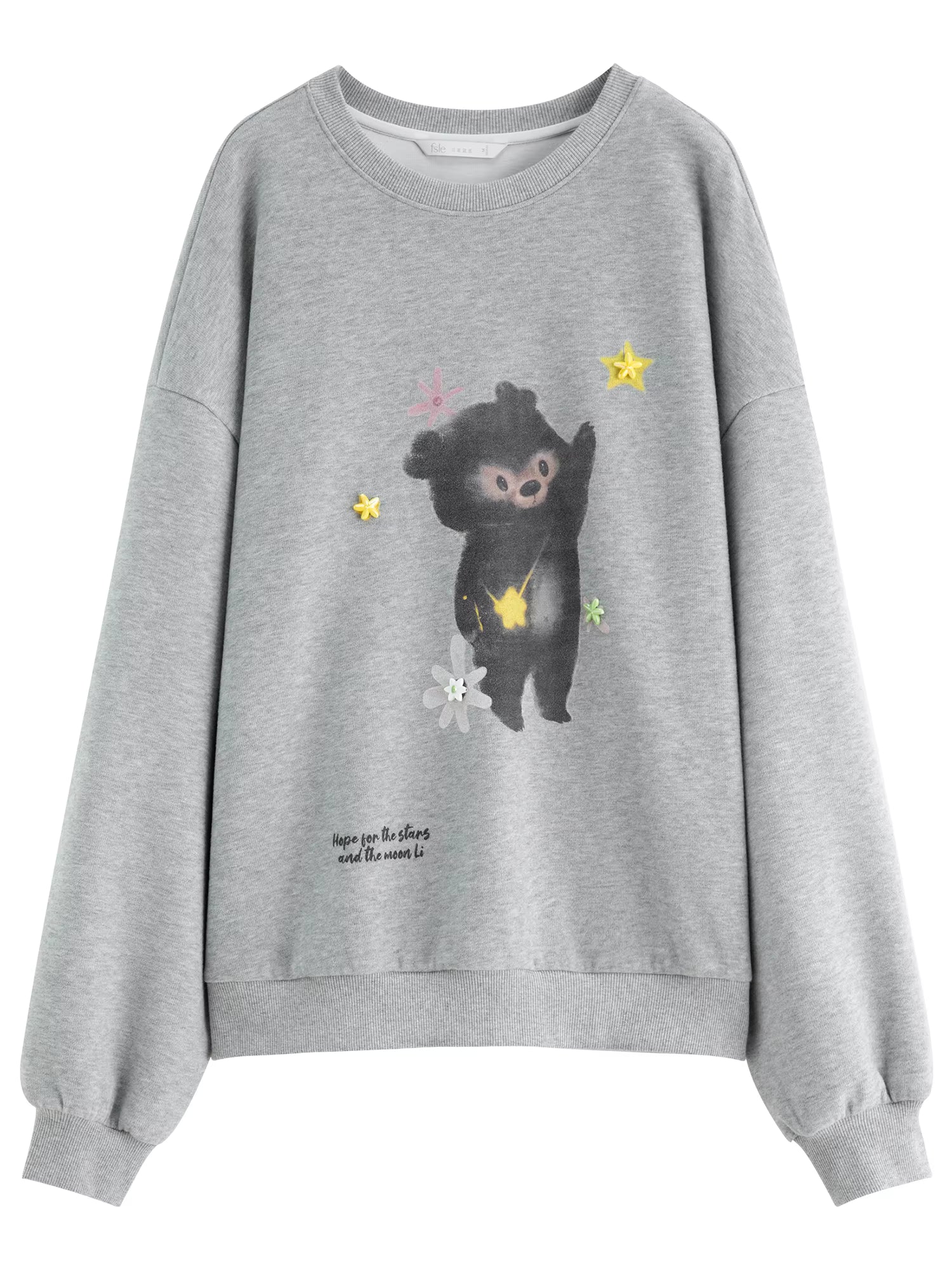 Korean Style Gray Teddy Bear Print Loose Round Neck Hoodie for Women Winter 2025 New Arrival Top Hoodies
