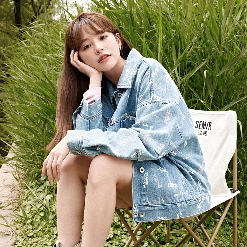 Semir Denim Jacket Women Full Print 2023 New Autumn Loose Trendy Jacket