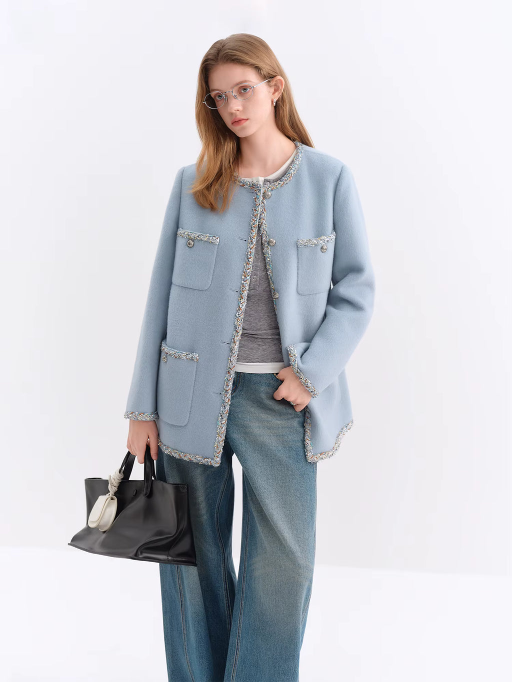 French-Style Woolen Round-Neck Coat Winter 2025 New Arrival Blue Tweed Outerwear All-match Autumn Elegant Blue