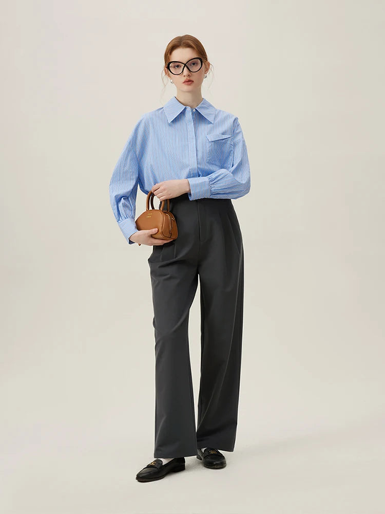 FSLE Waist Pleated Design Women Full Length Commuter Trousers 2024 Spring New Dark Grey Women Straight Suit Pants 24FS11147