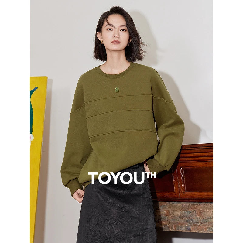 TOYOUTH Women Hoodies Sweatshirt 2024 Autumn New Floral Pearl Bead Long Sleeve Round Neck Pullover Tops